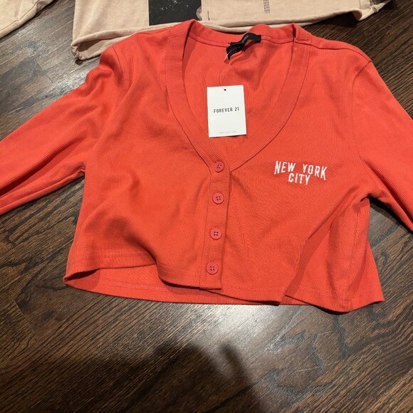 NEW Forever 21 New York City - Orange Cropped Cardigan - Size Small - Picture 1 of 2